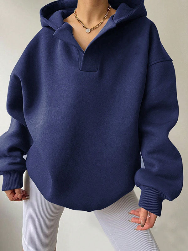 Solid Color Split-Joint Loose Puff Sleeves Hooded Hoodies Tops