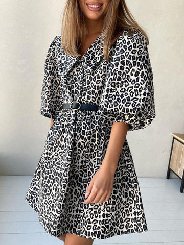 Buttoned Elasticity Leopard No Belt Zipper A-Line Half Sleeves Lapel Mini Dresses