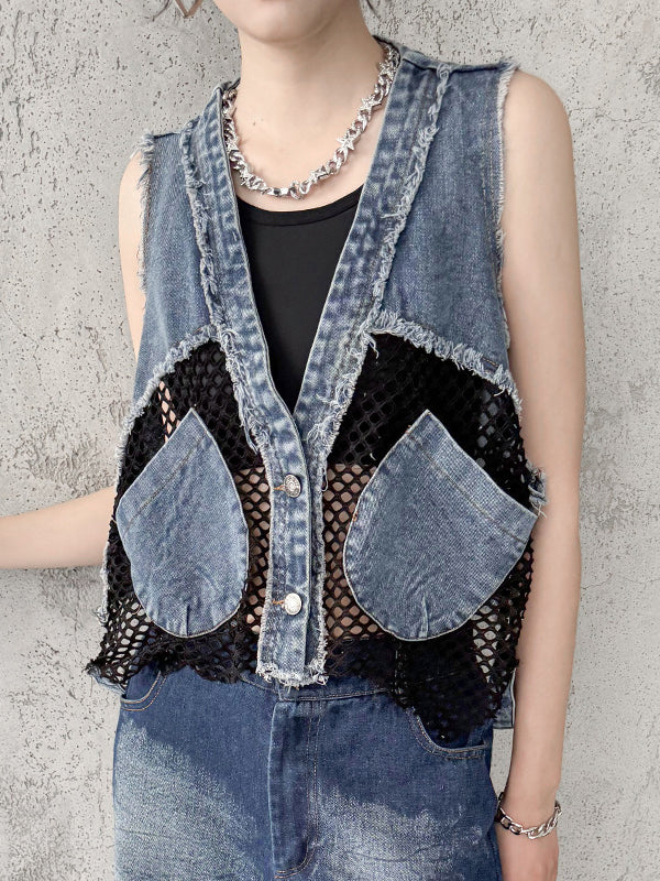 Buttoned Fringed Hollow Pockets Split-Joint Loose Sleeveless V-Neck Vest Outerwear