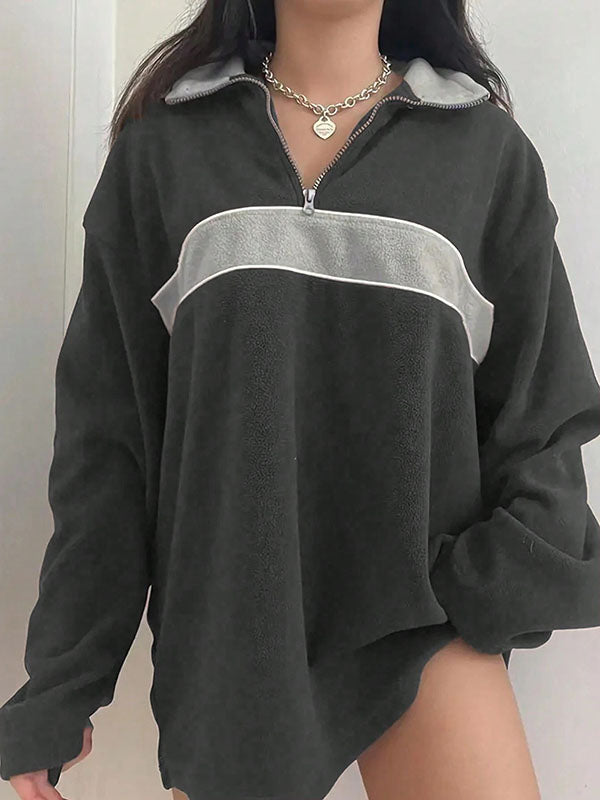 Split-Joint Zipper Long Sleeves Loose Lapel Sweatshirt Tops