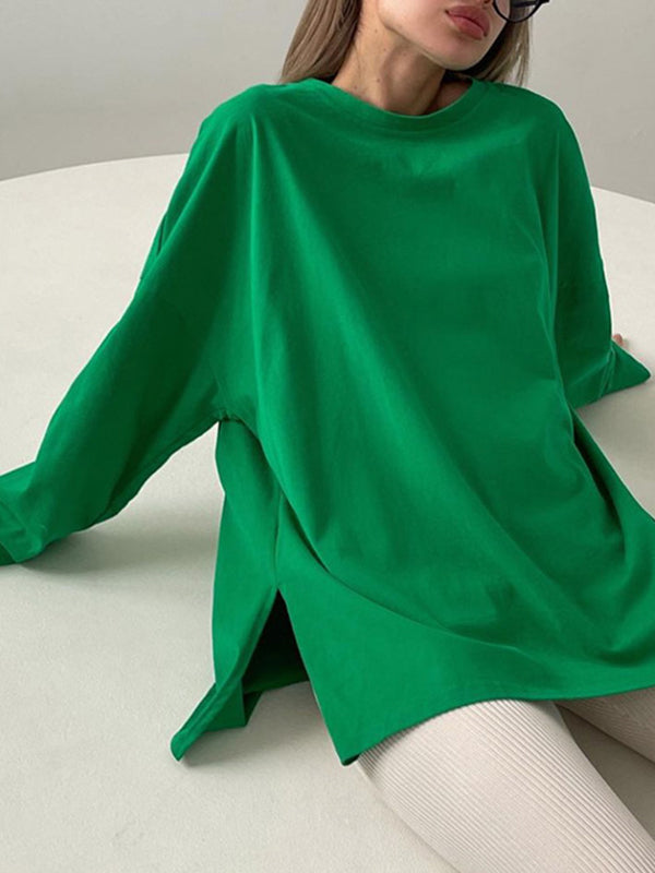 Solid Color Split-Joint Split-side High-low Long Sleeves Round-neck T-shirts