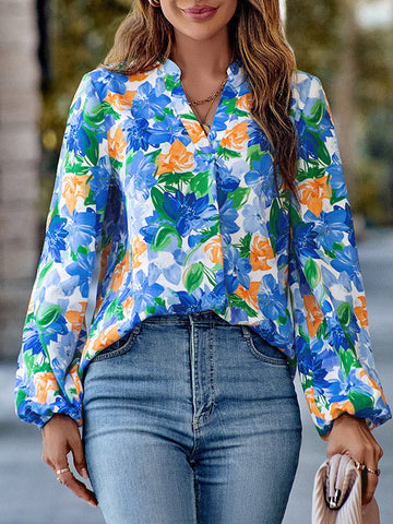 Elasticity Flower Print Long Sleeves Loose V-Neck Blouses&Shirts Tops