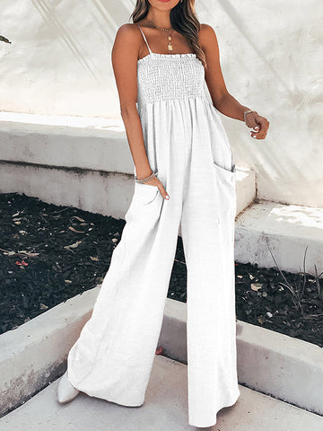 Elasticity Pleated Pockets Split-Joint High Waisted Loose Spaghetti-Neck Jumpsuits