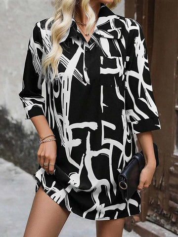 Buttoned Stamped Roomy Nine-Minute Sleeve Lapel Mini Dresses