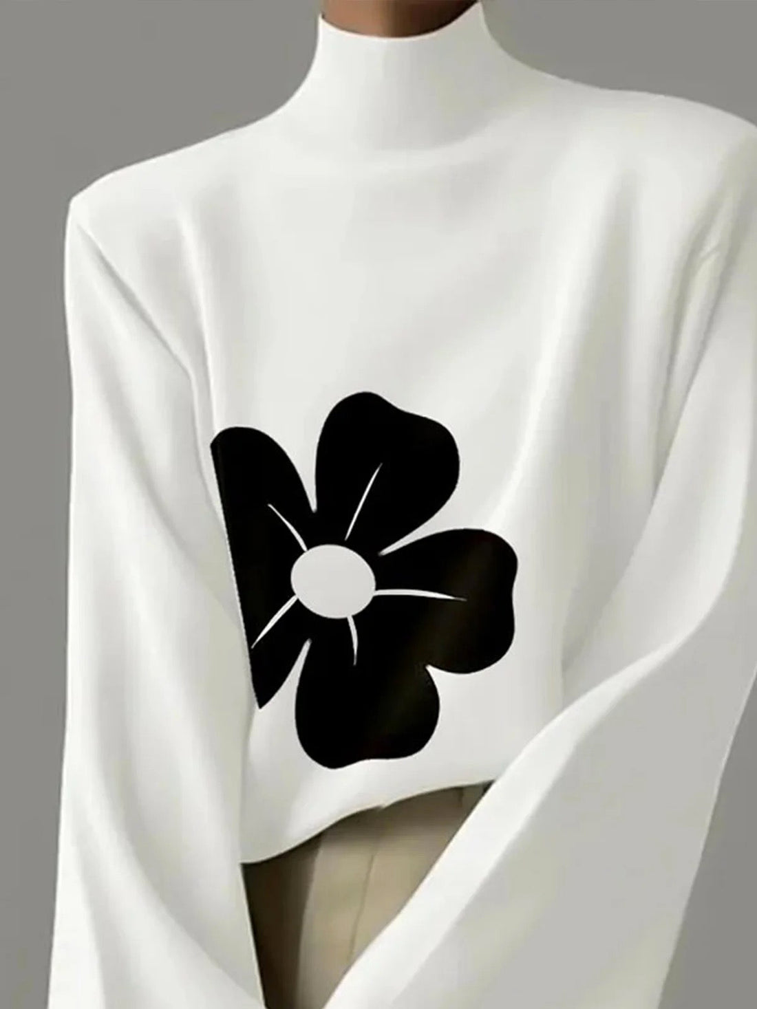 Flower Print Flared Sleeves Long Sleeves High Neck T-Shirts Tops