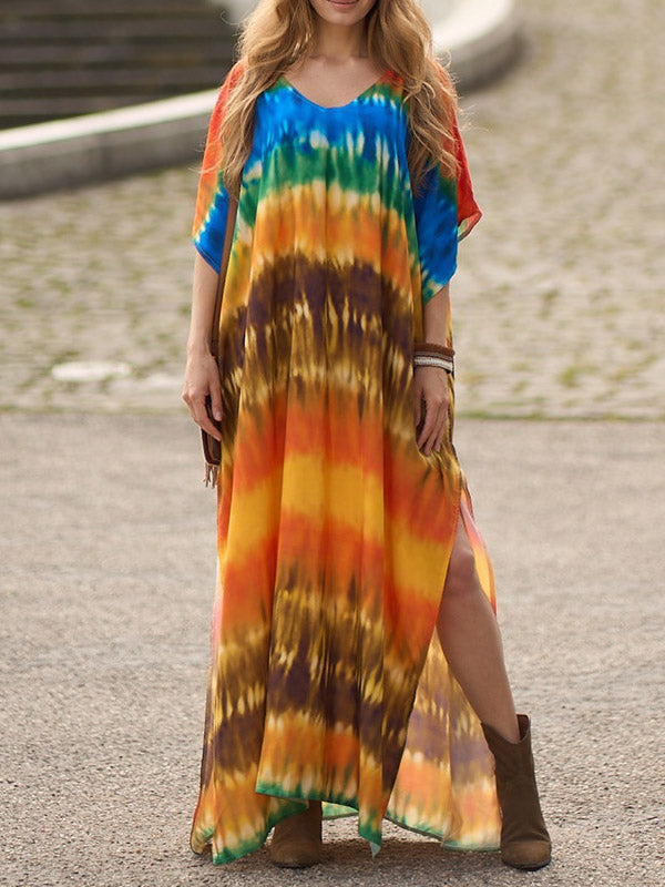 Split-Side Tie-Dyed Batwing Sleeves Loose V-Neck Maxi Dresses Beach Cover-Up