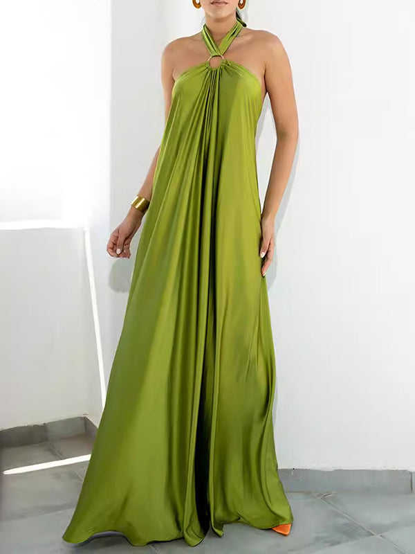 Backless Solid Color Tied A-Line Loose Halter-Neck Maxi Dresses