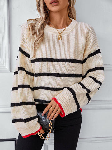 Contrast Color Split-Joint Striped Long Sleeves Loose Round-Neck Sweater Tops Pullovers