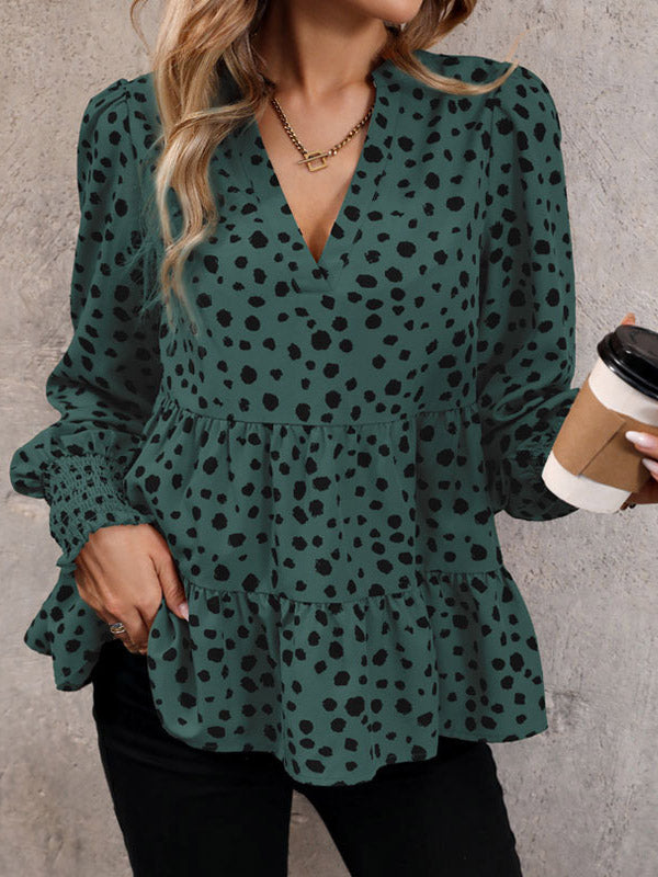 Elasticity Polka-Dot Split-Joint Long Sleeves Loose V-Neck Blouses&Shirts Tops