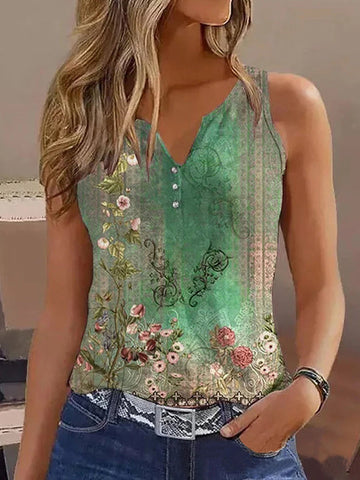 Buttoned Flower Print Loose Sleeveless V-Neck Vest Top