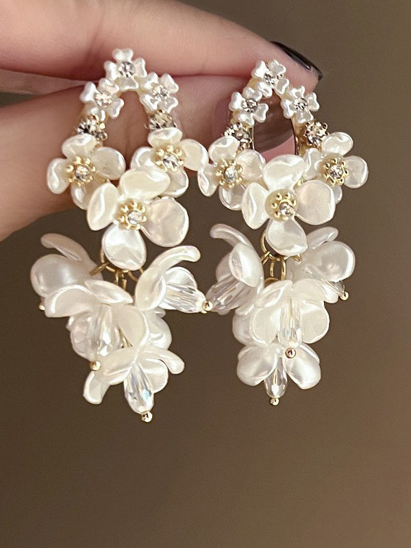 Flower Shape Rhine Stones Drop Earrings