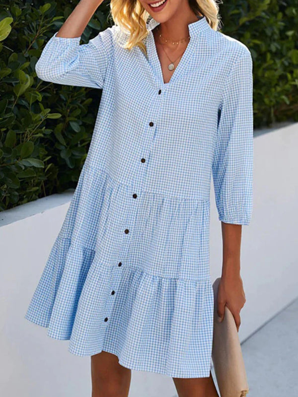 Buttoned Plaid Split-Joint A-Line Loose Stand Collar Shirt Dress Mini Dresses