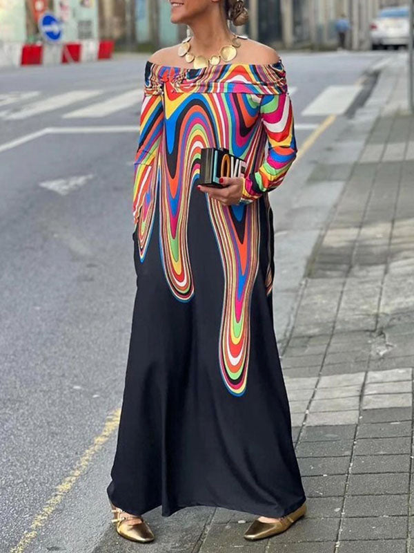 Colorful Contrast Color Printed Long Sleeves Off-The-Shoulder Maxi Dresses