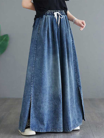 Drawstring Split-Side Loose Wide Leg Trousers Jean Pants Bottoms