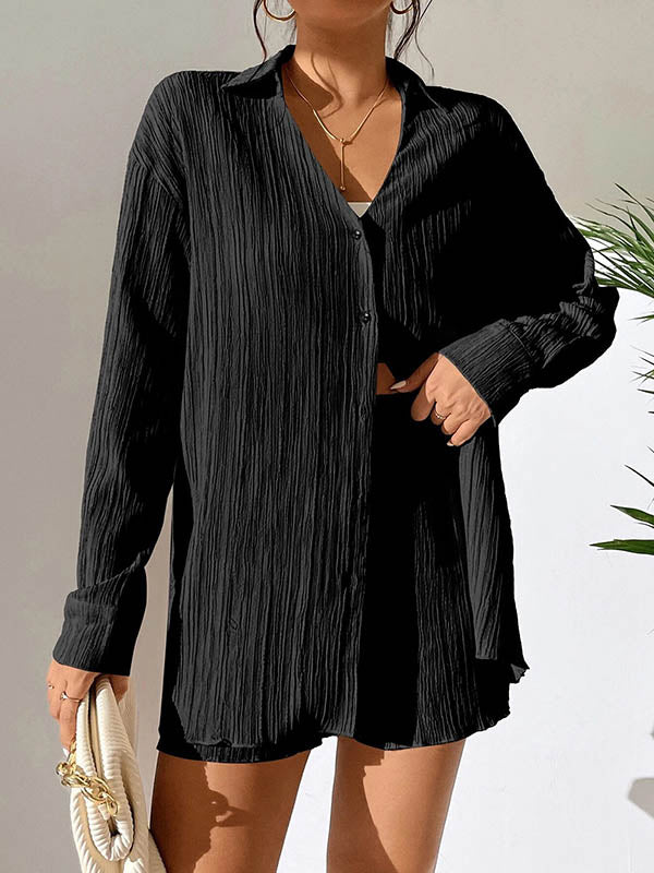 Loose Buttoned Long Sleeves Pleated Solid Color Lapel Shirts Top + Elasticity Shorts Bottom Two Pieces Set