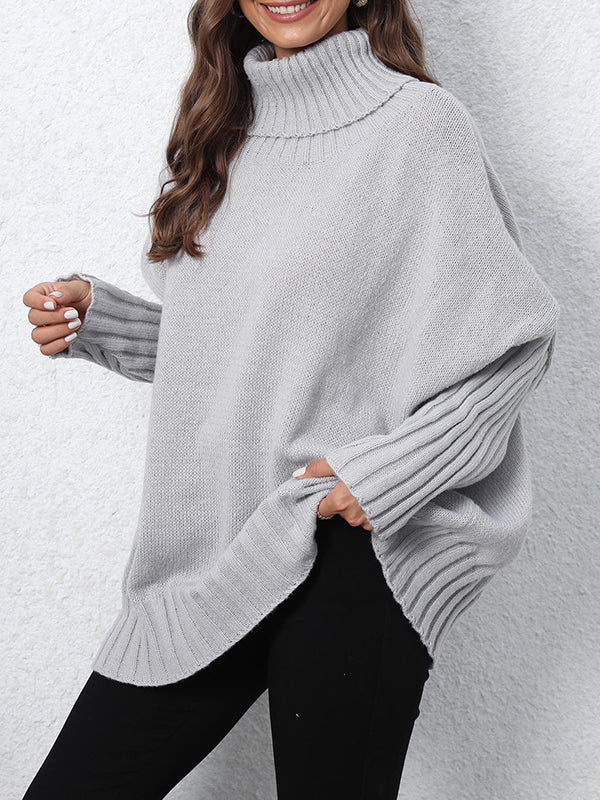 Pleated Solid Color Split-Joint Long Sleeves Loose High Neck Sweater Tops