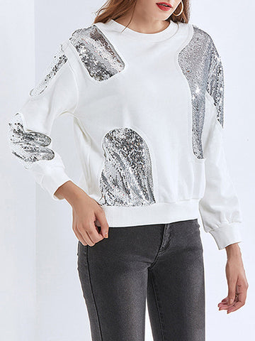 Asymmetric Sequined Long Sleeves Loose Round-Neck Sweatshirt Tops