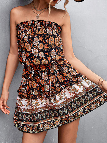 Elasticity Flower Print Tied Waist A-Line High Waisted Tube Mini Dresses