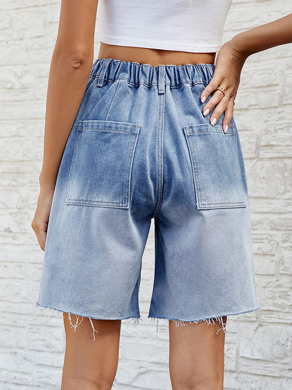 Buttoned Elasticity Fringed Pockets Split-Joint Loose Denim Shorts