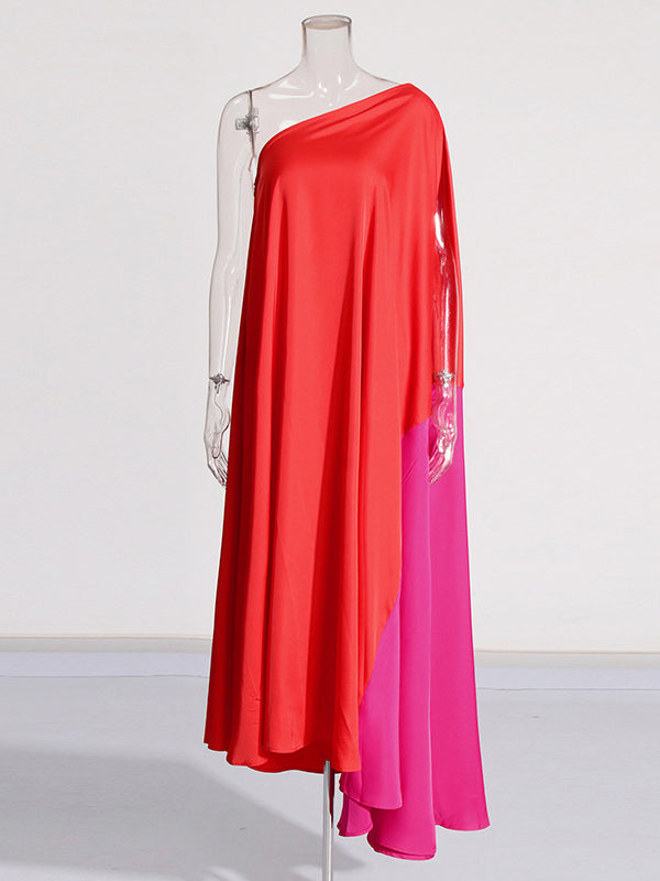 Asymmetric Contrast Color Split-Joint High Waisted Loose One-shoulder Maxi Dresses