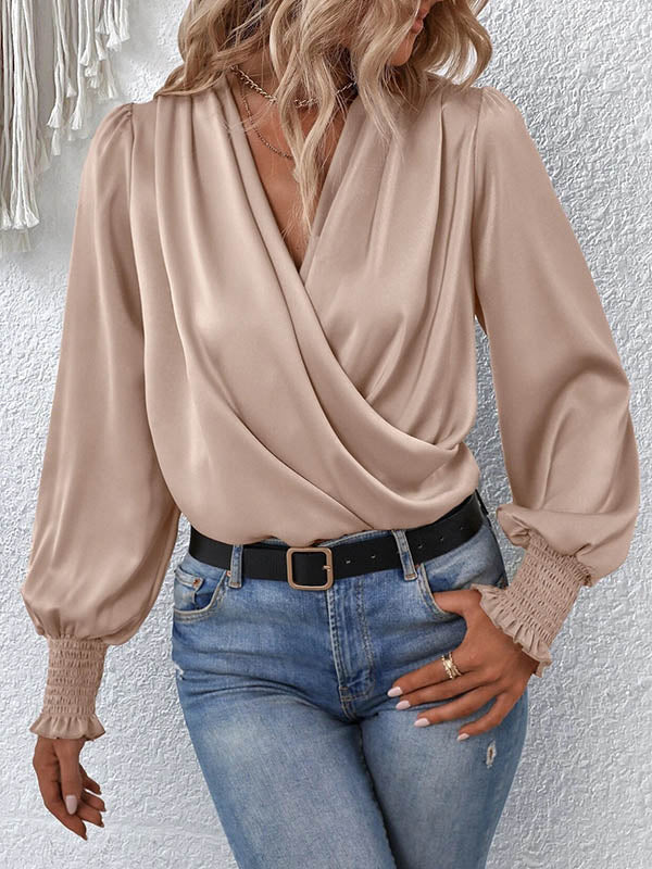 Elasticity Solid Color Long Sleeves Loose V-Neck Blouses&Shirts Tops