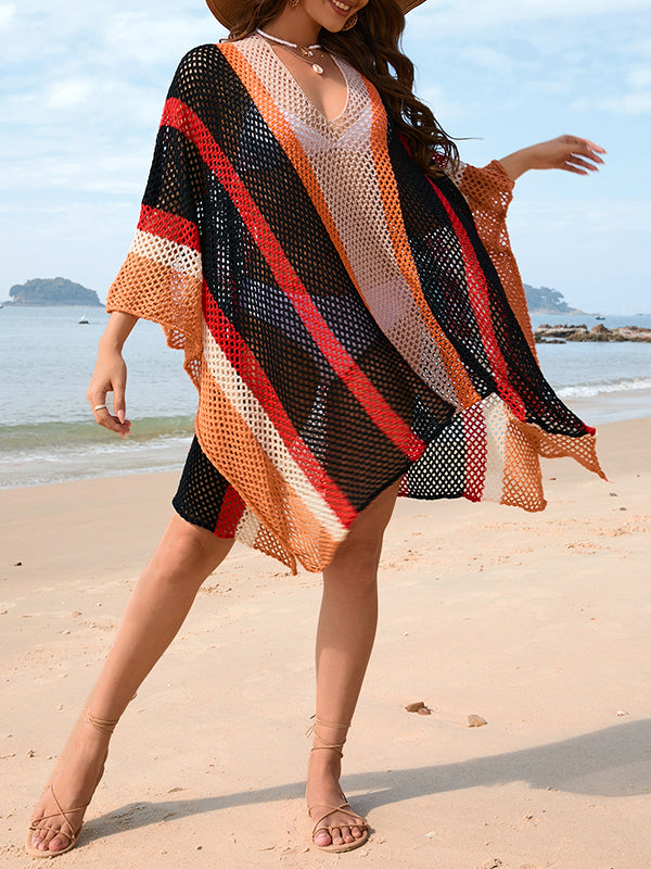 Hollow Striped Sun Protection Batwing Sleeves Loose V-Neck Beach Cover-Up