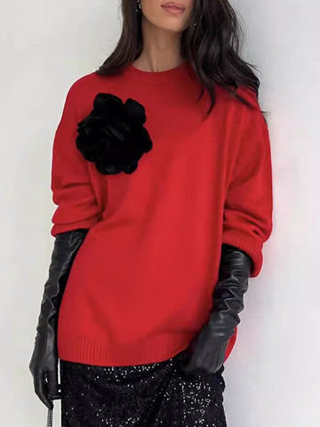 Flower Shape Split-Joint Long Sleeves Loose Round-Neck Sweater Tops