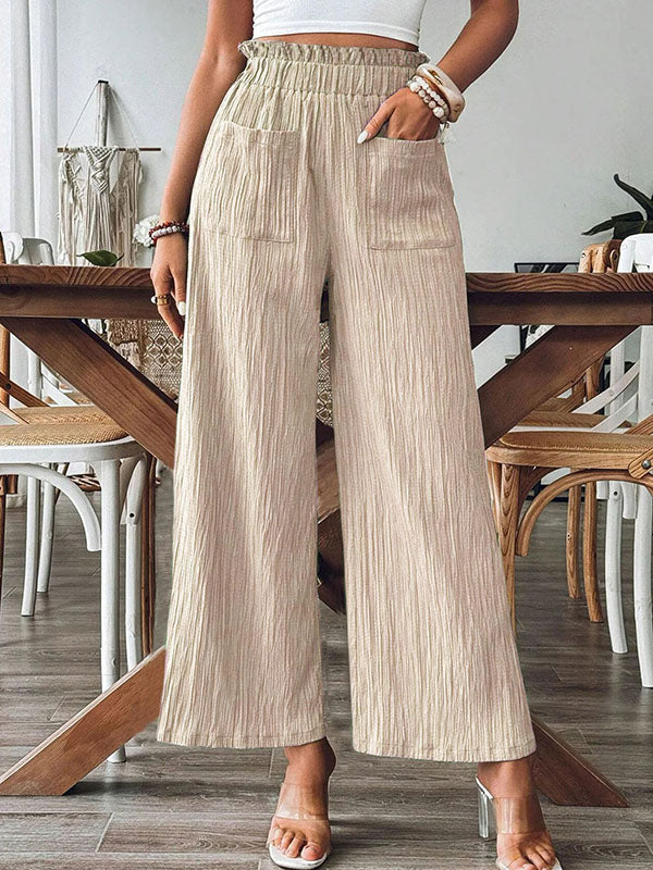 Elasticity Pleated Pockets Solid Color Split-Joint Loose Wide Leg Trousers Pants