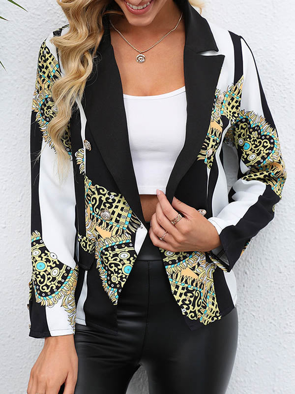 Buttoned Pockets Printed Long Sleeves Loose Notched Collar Outerwear Blazer