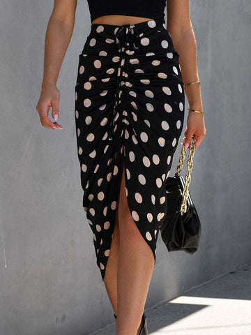 Drawstring Pleated Polka-Dot Split-front Bodycon High Waisted Skirts Bottoms