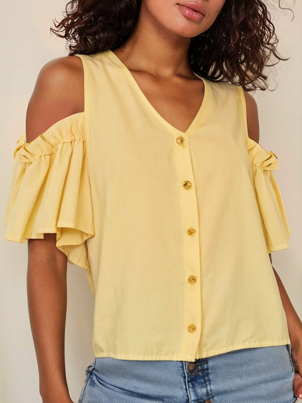 Buttoned Elasticity Solid Color Loose Ruffle Sleeves Cold Shoulder T-Shirts Tops