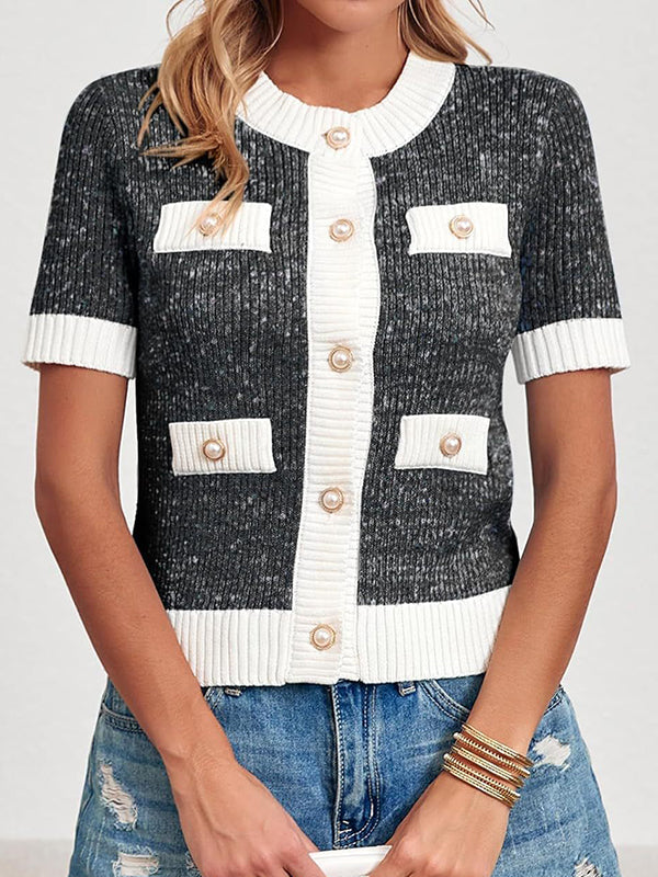 Buttoned Pockets Split-Joint Short Sleeves Round-neck Cardigan Tops