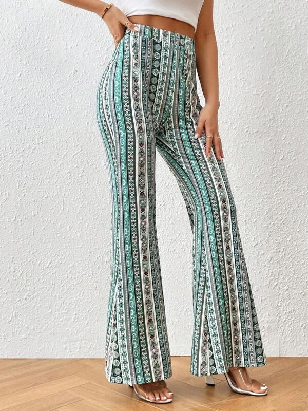 Elasticity Printed Split-Joint High Waisted Skinny Pants Flared Trousers