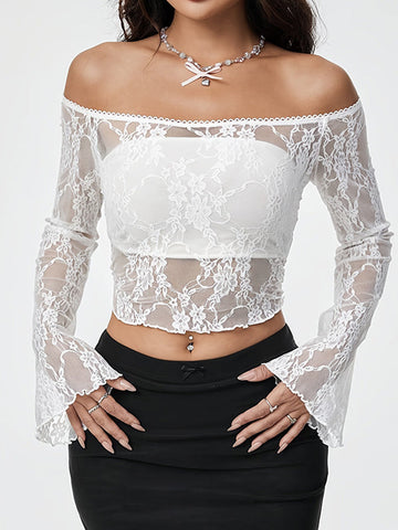 See-Through Solid Color Flared Sleeves Long Sleeves Off-The-Shoulder T-Shirts Tops