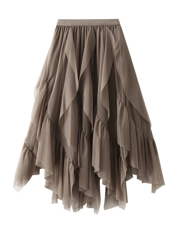 Elasticity Gauze Pleated Solid Color Split-Joint A-Line Loose Skirts