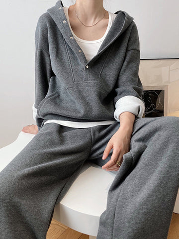 Loose Long Sleeves Split-Joint Hoodies + Elasticity Solid Color Pants Trousers Two Pieces Set