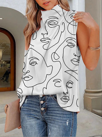 Casual Sleeveless Printed High-Neck Vest Top