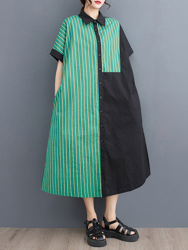 Asymmetric Split-Joint Striped Loose Short Sleeves Lapel Shirt Dress Midi Dresses