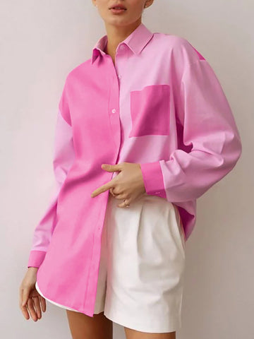 Buttoned Contrast Color Pockets Split-side High-low Long Sleeves Lapel Blouses&shirts Tops