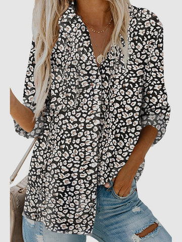 Buttoned Pockets Printed High-Low Long Sleeves Lapel Blouses&Shirts Tops