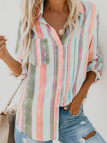 Buttoned Pockets Striped High-Low Long Sleeves Lapel Blouses&Shirts Tops