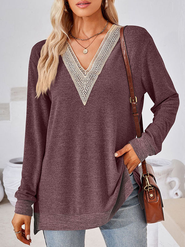 Hollow Split-Joint Split-Side Long Sleeves Loose V-Neck T-Shirts Tops