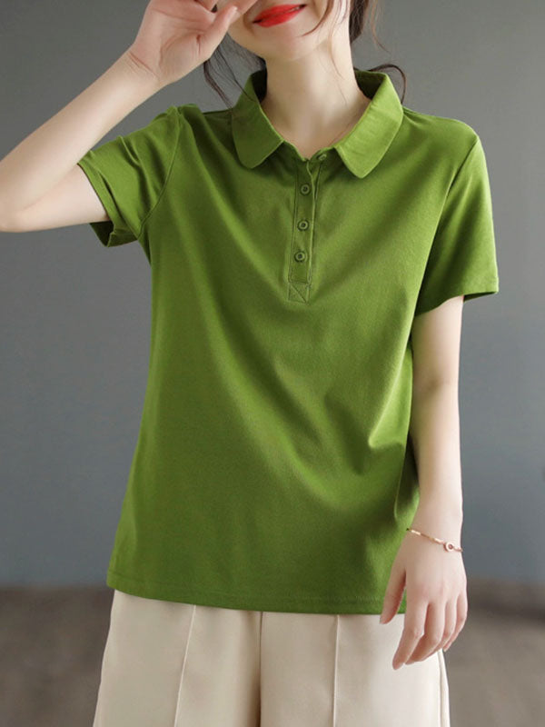 Buttoned Solid Color Short Sleeves Polo T-Shirts Tops