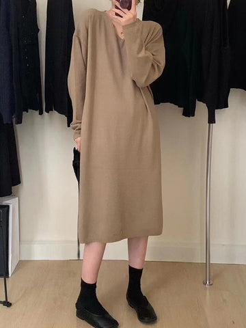 Solid Color Long Sleeves Loose V-Neck Sweater Dresses Midi Dresses