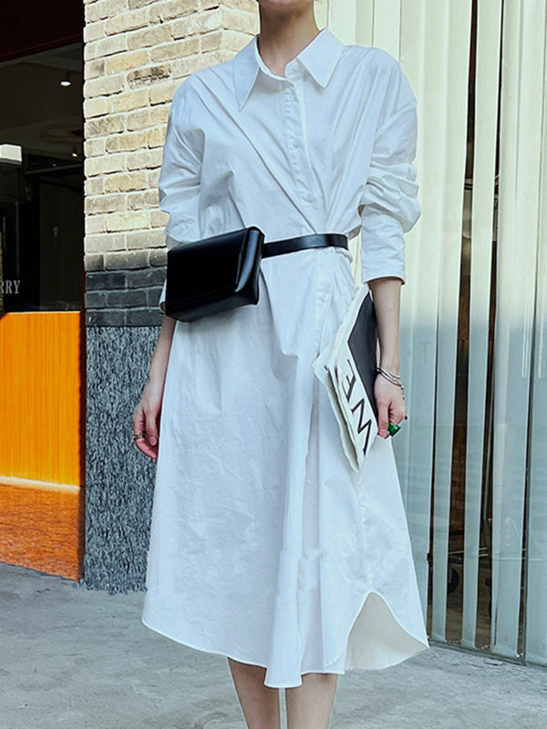 Asymmetric Solid Color Long Sleeves Loose Lapel Shirt Dress