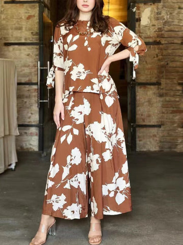 Flower Print Round-Neck T-Shirt&Wide Leg Pants Bottom Two Pieces Set