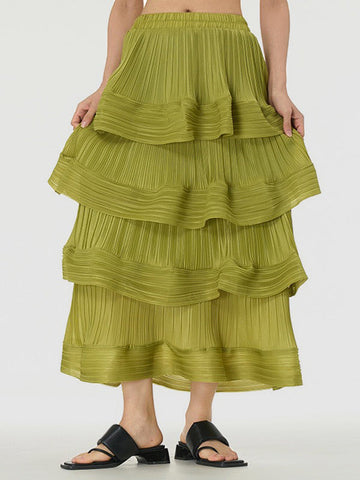 Elasticity Layered Pleated Ruffled Solid Color Loose Skirts Bottoms