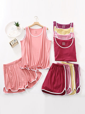 Solid Color Sleeveless Loose Vest Top + Elasticity Pleated Shorts Bottom Pajama Sets