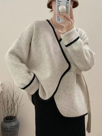 Split-Joint Long Sleeves Loose V-Neck Cardigan Tops