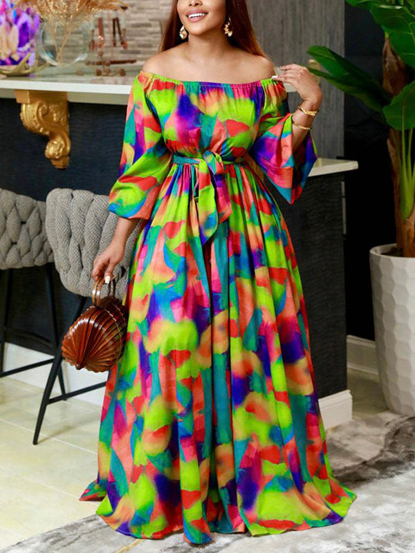 Puff Sleeves Printed Tied Waist Off-The-Shoulder Maxi Dresses